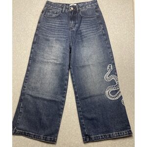 DEM Men's Snake Embroidered Wide Leg Jeans Sz S Blue Baggy Skater Streetwear